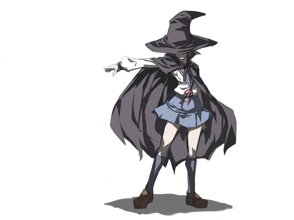 cape hat_over_eyes looking_down nagato_yuki outstretched_hand pose seifuku simple_background solo suzumiya_haruhi_no_yuuutsu wallpaper white witch witch_hat