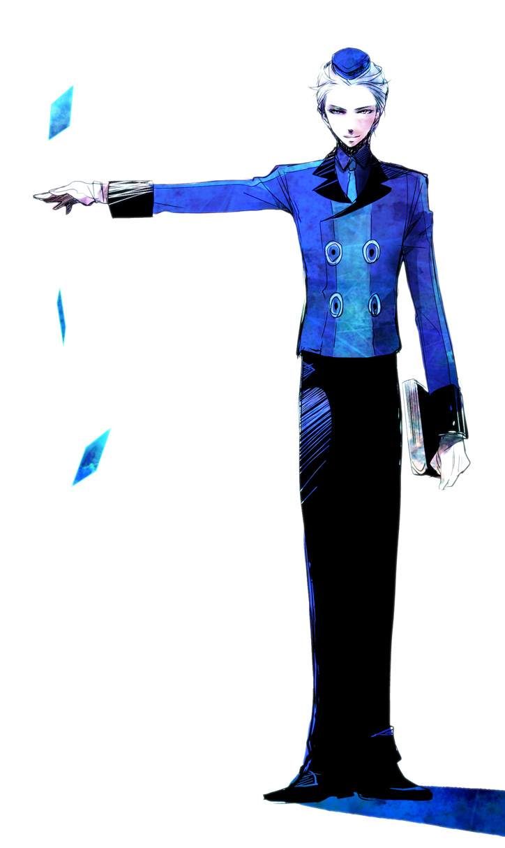 card cards falling_card floating_card gloves hat highres necktie persona persona_3 persona_3_portable short_hair solo teodor toji tojo white_hair