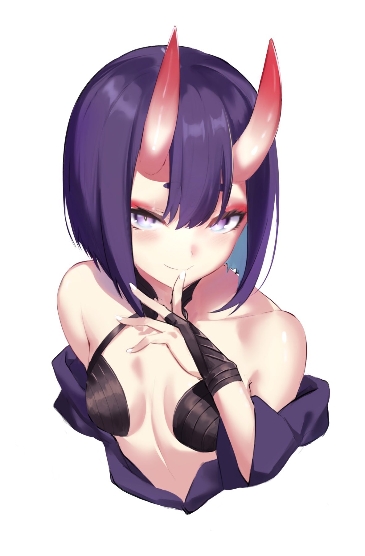 1girl bare_shoulders bob_cut breasts bridal_gauntlets closed_mouth collarbone fate/grand_order fate_(series) hair_between_eyes highres horns long_hair oni oni_horns purple_hair short_hair shuten_douji_(fate) simple_background small_breasts smile solo spider_apple upper_body violet_eyes white_background