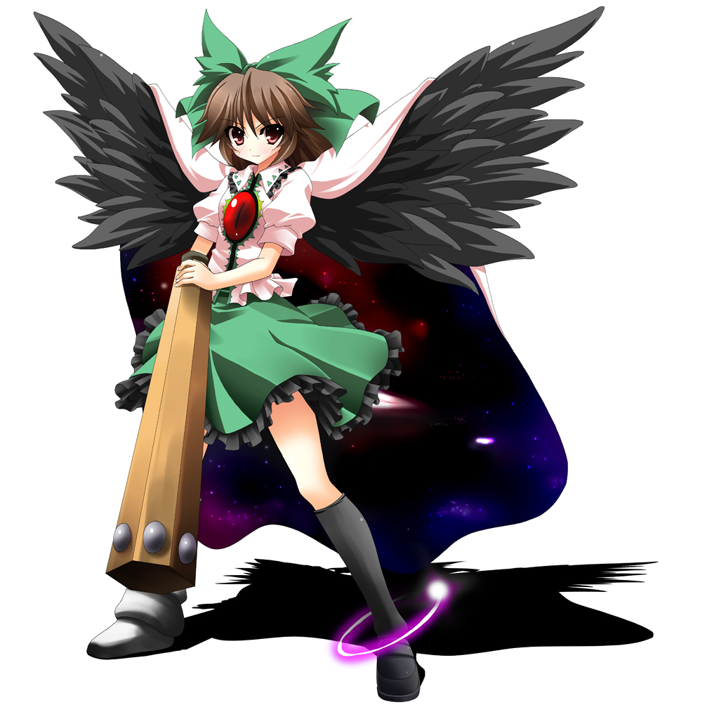 asymmetrical_clothing bow brown_hair cape eyes hair_bow long_hair mismatched_footwear rapattu red_eyes reiuji_utsuho solo touhou wings