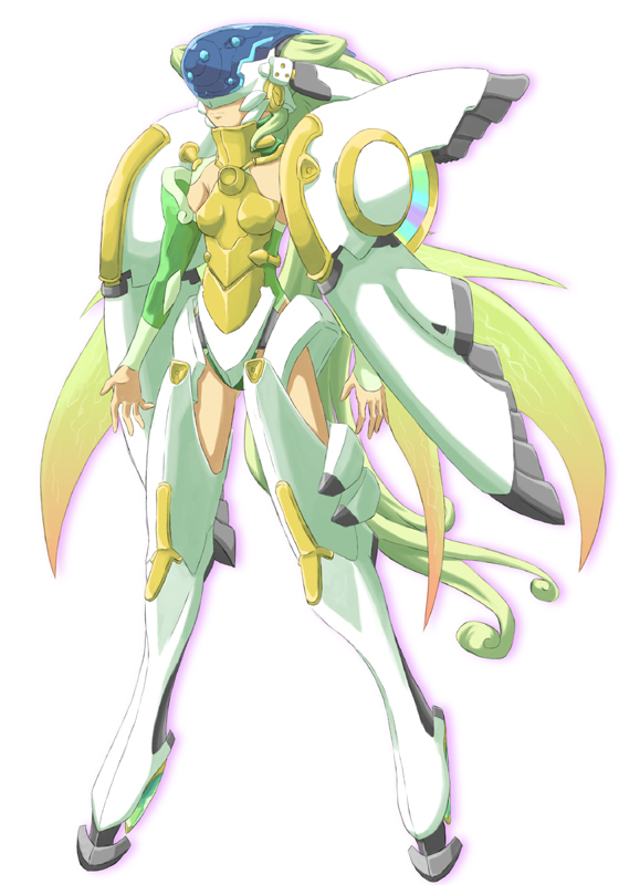 ar_tonelico ar_tonelico_ii armor bad_id boots detached_sleeves fairy_wings frelia green_hair gust helmet high_heels inazuma_musuko insect_wings long_hair mechanical_wings shoes simple_background solo thigh-highs thigh_boots thighhighs very_long_hair wings