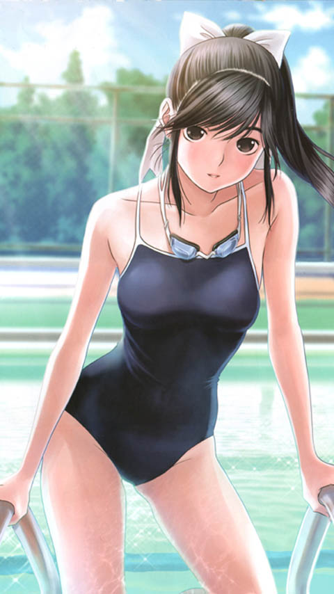 brown_hair goggles goggles_around_neck long_hair love_plus mino_taro mino_tarou one-piece_swimsuit ponytail pool ribbon solo swimsuit takane_manaka