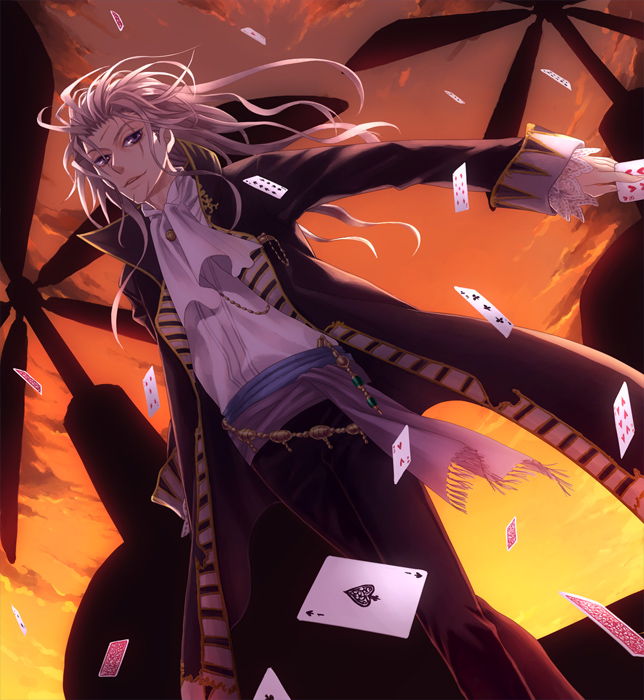 card cards falling_card final_fantasy final_fantasy_vi long_coat long_hair male neckerchief sash setzer_gabbiani silver_hair solo sunset yamyom