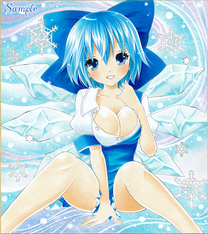 ayuayu blue_eyes blue_hair bow breasts bursting_breasts cirno cleavage hair_bow ice large_breasts marker_(medium) oppai_loli sample short_hair snowflakes solo spread_legs strap_slip touhou traditional_media wings