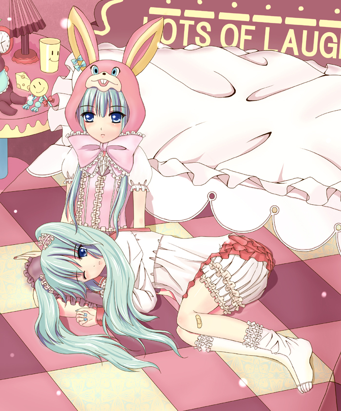 animal_hat aqua_eyes aqua_hair bandaid bed blanket bloomers bow candy checkered checkered_floor cheese clock clone colored food frilled_kneehighs hat hatsune_miku lamp lap lap_pillow large_bow lollipop long_hair lots_of_laugh_(vocaloid) multiple_girls nail_polish pillow skirt smiley_face sock_pull socks stuffed_animal stuffed_toy sweets table toe_socks twintails vocaloid wink