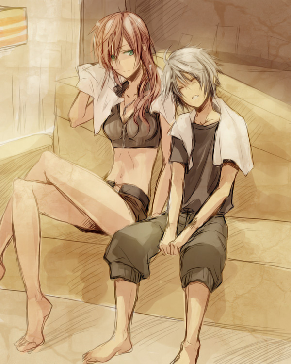 1girl artist_request barefoot casual couch couple crossed_legs final_fantasy final_fantasy_xiii green_eyes height_difference hope_estheim lightning_(ff13) lightning_farron long_hair maka_(morphine) midriff navel pink_hair sitting sketch sleeping sleeping_upright