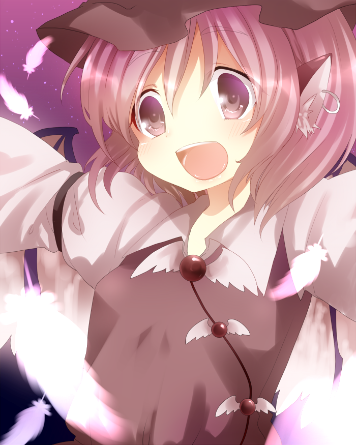 :d animal_ears bad_id close-up earrings feathers happy hat jewelry mystia_lorelei open_mouth outstretched_arms pink_hair purple_eyes short_hair smile solo spread_arms tentani touhou violet_eyes wings