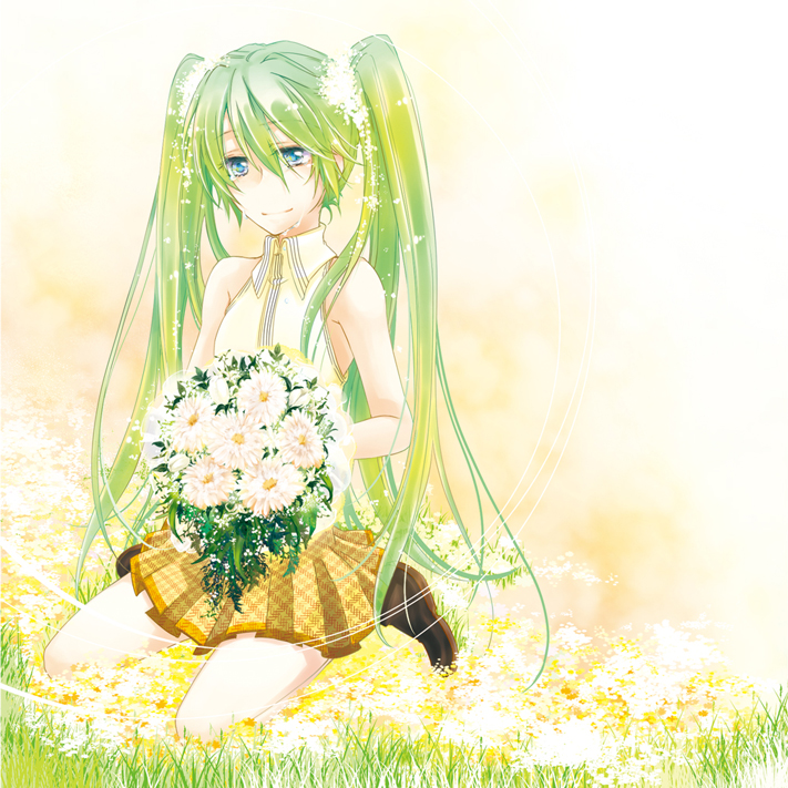 abe_toshi blue_eyes bouquet flower green_hair hatsune_miku long_hair sitting skirt solo twintails very_long_hair vocaloid