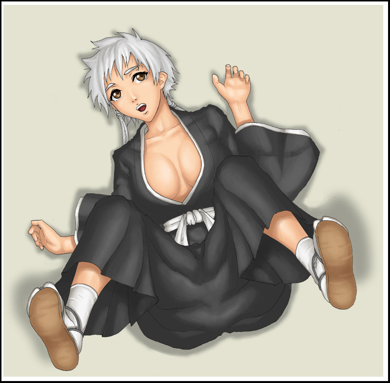 bleach brown_eyes cleavage deep_rising from_above japanese_clothes kotetsu_isane legs_up lying on_back sandals shadow short_hair silver_hair socks solo