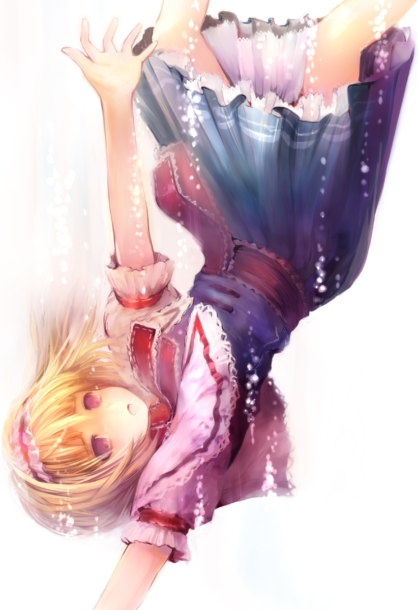 bangs blonde_hair capelet expressionless falling hairband highres kasutaso open_mouth outstretched_arms outstretched_hand petticoat purple_eyes reaching short_hair solo touhou upside-down violet_eyes