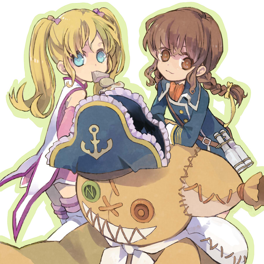 alternate_hairstyle anise_tatlin anise_tatlin_(cosplay) blonde_hair blue_eyes braid brown_eyes brown_hair child cosplay costume_switch doll hairstyle_switch hat long_hair multiple_girls patty_fleur patty_fleur_(cosplay) tales_of_(series) tales_of_the_abyss tales_of_vesperia tokunaga twin_braids twintails