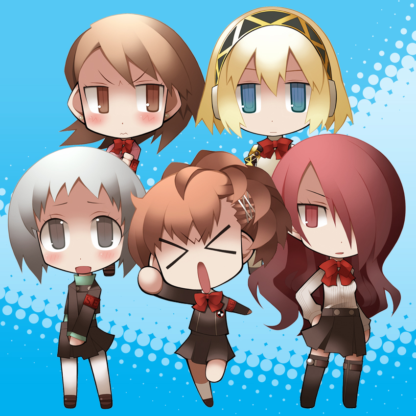 aegis blonde_hair blue_eyes bow brown_eyes brown_hair female_protagonist_(persona_3) hair_ornament hairpin kirijou_mitsuru kneehighs long_hair pantyhose persona persona_3 persona_3_portable red_eyes red_hair redhead ribbon school_uniform short_hair skirt socks takeba_yukari watabow yamagishi_fuuka