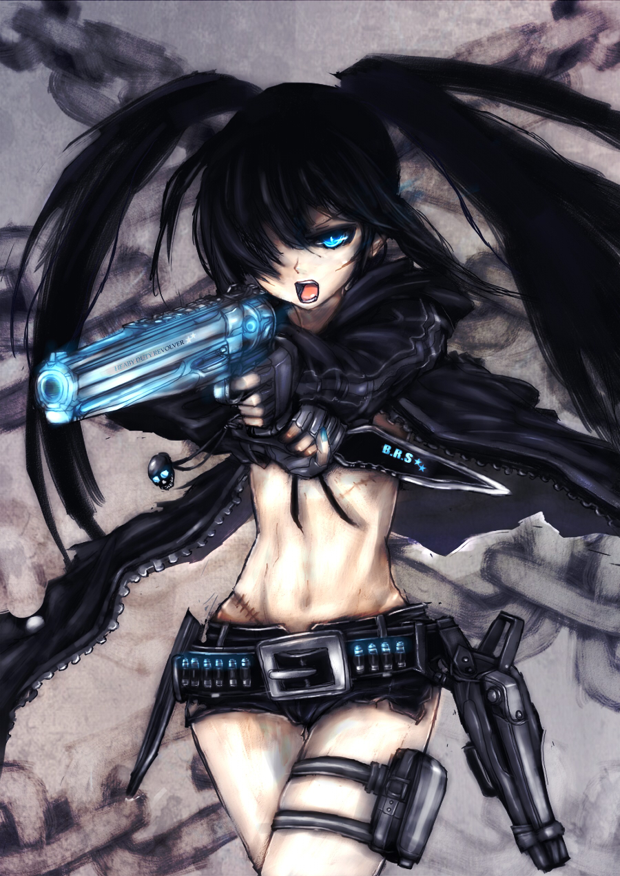 bangs belt beltskirt black_hair black_rock_shooter black_rock_shooter_(character) blue_eyes bullet coat cqc engrish fingerless_gloves front-tie_top gloves gun hair_over_one_eye handgun highres holster hooded_jacket jacket knife long_hair midriff mp18mp38 nail_polish navel open_mouth panzer ranguage revolver scar shorts skull solo star stitches twintails uneven_twintails weapon