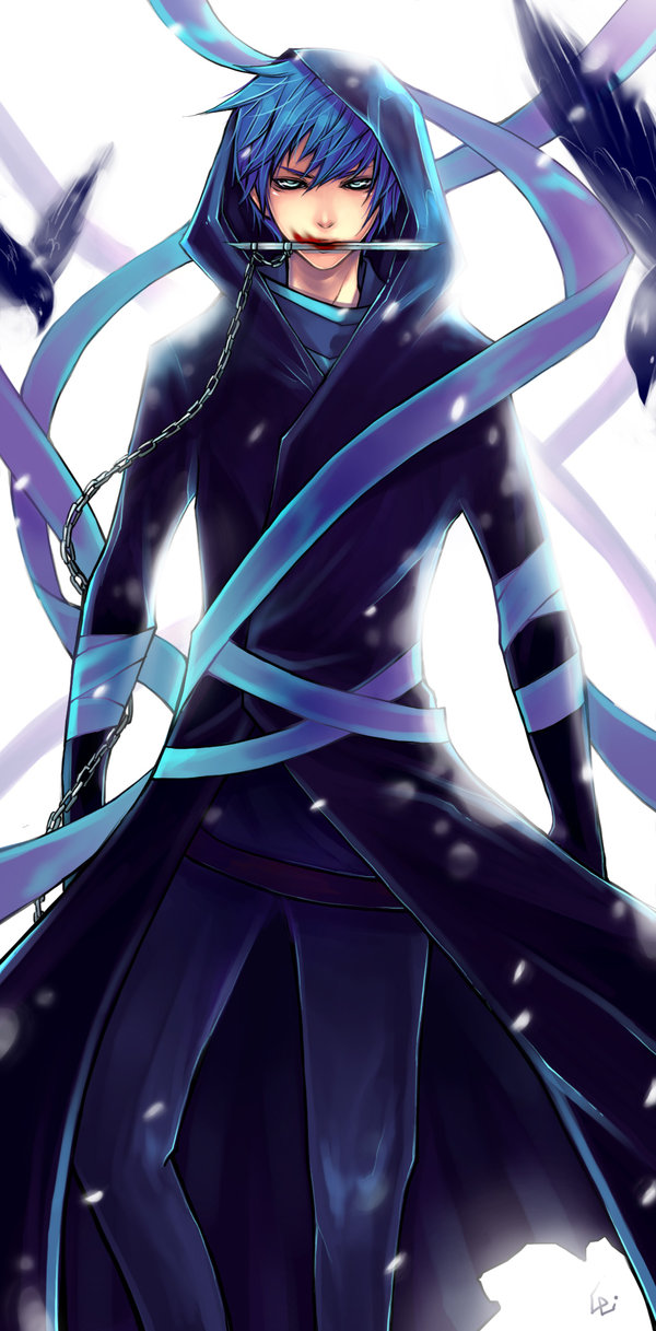 bird blood blue_hair crow dark_persona green_eyes highres kaito knife male mouth_hold pose ribbon short_hair solo standing trenchcoat udonnodu vocaloid