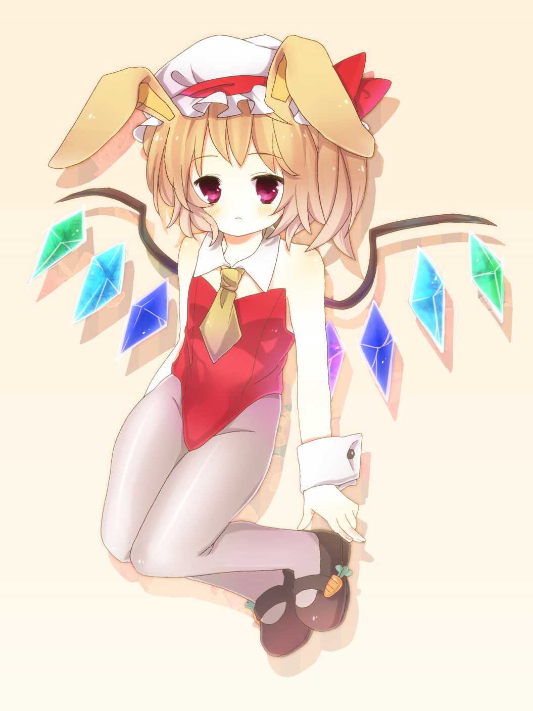 animal_ears bad_id blonde_hair blush bunny_ears bunnysuit flandre_scarlet hat highres kemonomimi_mode mary_janes mosao pantyhose ponytail purple_eyes rabbit_ears red_eyes shoes short_hair side_ponytail solo touhou violet_eyes wings wrist_cuffs