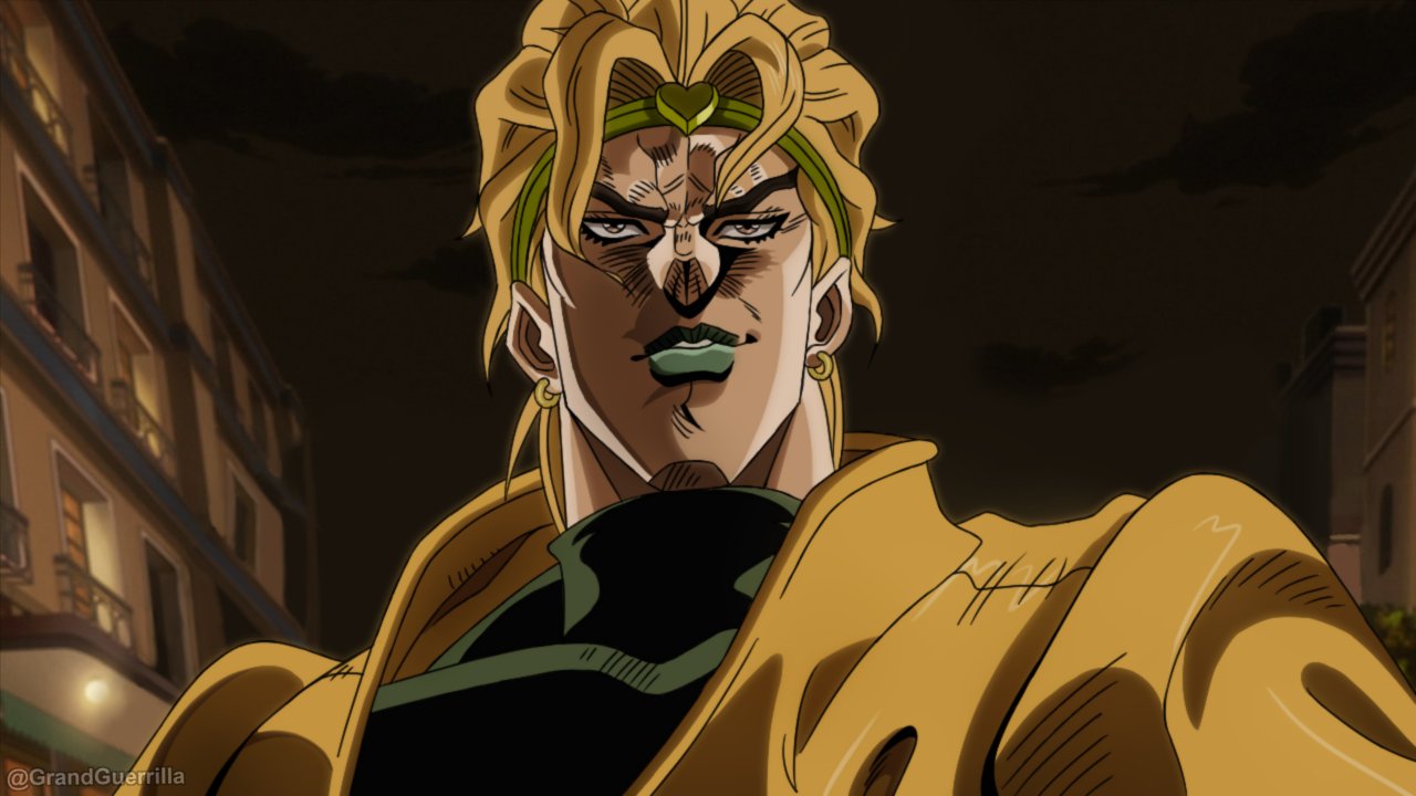 1boy anime_coloring blonde_hair commentary derivative_work dio_brando earrings english_commentary grandguerrilla green_lips green_shirt grin headband heart jacket jewelry jojo_no_kimyou_na_bouken lipstick makeup male_focus night official_style outdoors parody sanpaku screencap_redraw shirt smile solo stardust_crusaders style_parody twitter_username upper_body yellow_eyes yellow_jacket