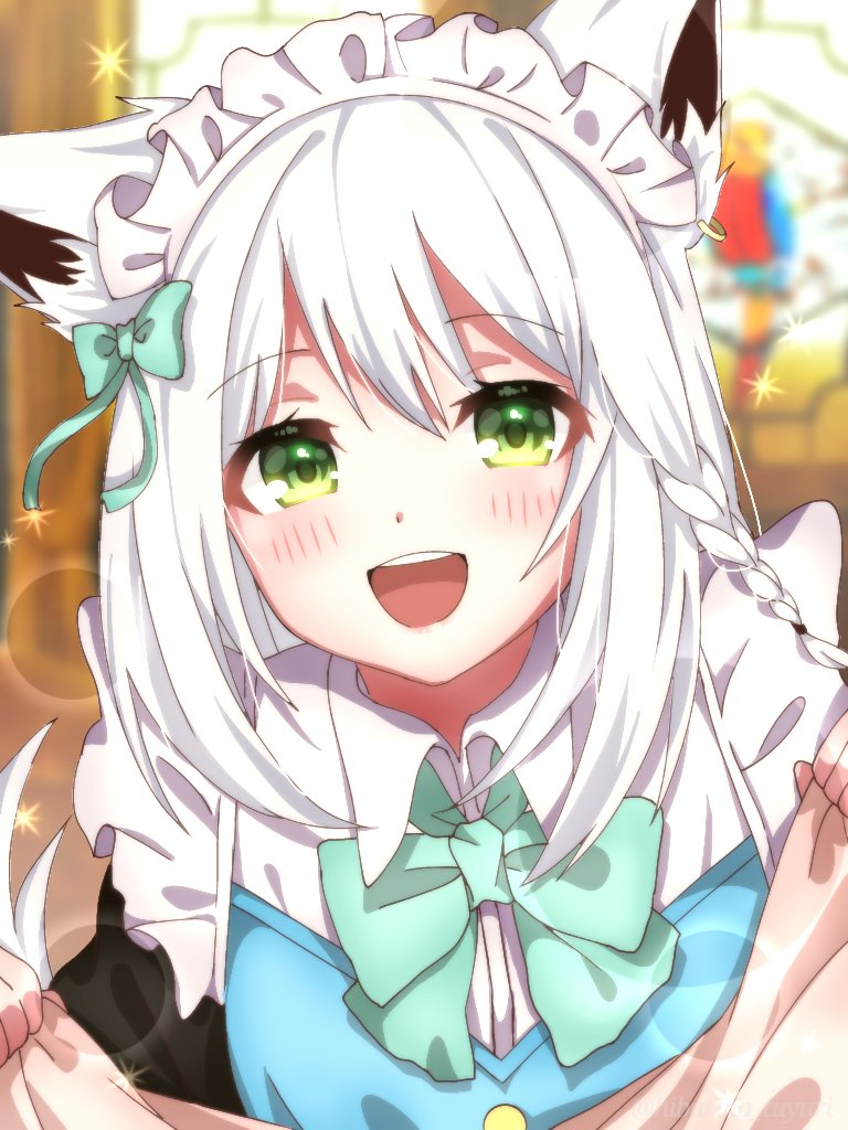 1girl alternate_costume animal_ear_fluff animal_ears bangs bloom blurry blurry_background blush bow bowtie braid commentary_request earrings enmaided eyebrows_visible_through_hair fox_ears fox_girl green_eyes green_neckwear hair_between_eyes hibarino_tuyuri hololive jewelry looking_at_viewer maid maid_headdress open_mouth shirakami_fubuki sidelocks single_braid smile solo virtual_youtuber white_hair