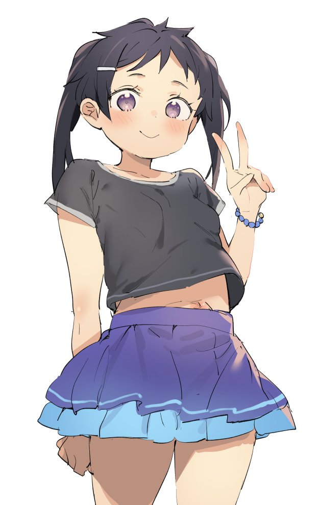 1girl atage bead_bracelet beads black_hair black_shirt blush bracelet closed_mouth cowboy_shot dot_nose jewelry looking_at_viewer miniskirt navel original purple_skirt shirt short_sleeves simple_background skirt smile solo twintails v violet_eyes white_background wide-eyed