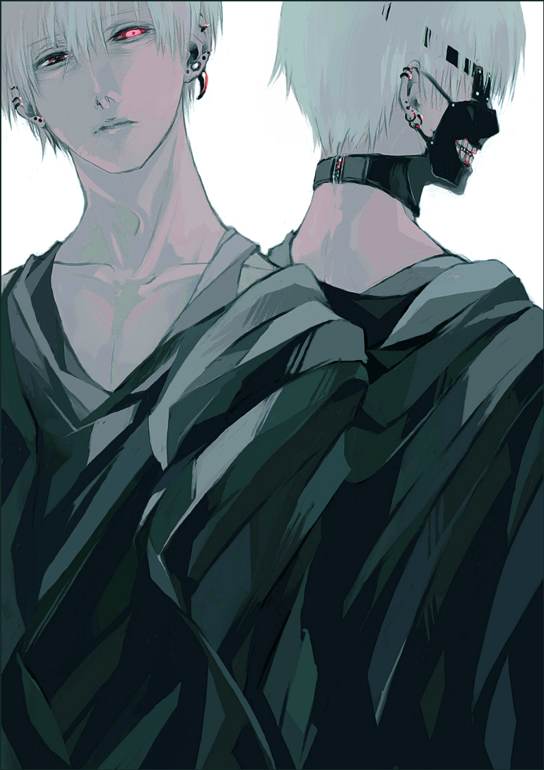 2boys back-to-back bangs black_eyepatch black_jacket black_mask black_sclera brown_eyes collarbone colored_sclera commentary_request dual_persona ear_piercing earrings eyepatch glowing glowing_eye jacket jewelry kaneki_ken koujima_shikasa looking_at_viewer male_focus multiple_boys piercing red_eyes short_hair simple_background tokyo_ghoul upper_body white_hair