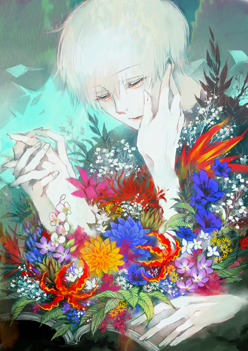 1boy 1other bangs black_shirt blue_flower closed_eyes closed_mouth commentary_request flower flower_request green_background grey_background hand_on_another's_cheek hand_on_another's_face holding_hands interlocked_fingers kaneki_ken koujima_shikasa male_focus purple_flower red_flower shirt short_hair solo_focus tokyo_ghoul white_flower yellow_flower