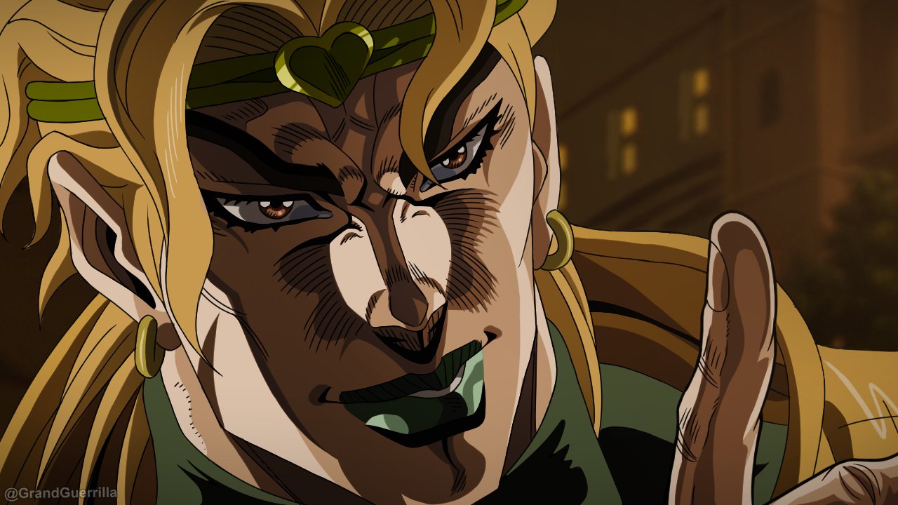 1boy anime_coloring blonde_hair brown_eyes commentary derivative_work dio_brando earrings english_commentary grandguerrilla green_lips green_shirt grin headband heart index_finger_raised jacket jewelry jojo_no_kimyou_na_bouken lipstick makeup male_focus night official_style outdoors parody parted_lips sanpaku screencap_redraw shirt smile solo stardust_crusaders style_parody twitter_username yellow_jacket