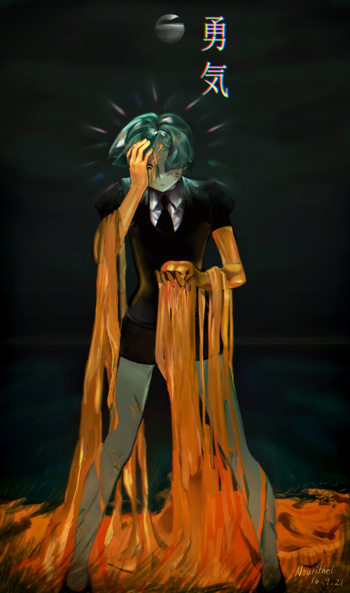 1other androgynous bangs commentary crystal_hair english_commentary gem_uniform_(houseki_no_kuni) golden_arms green_eyes green_hair hand_on_own_face highres houseki_no_kuni molten_metal moon necktie night night_sky nouritheseaweed one_eye_covered phosphophyllite short_hair short_sleeves shorts sky solo standing translation_request