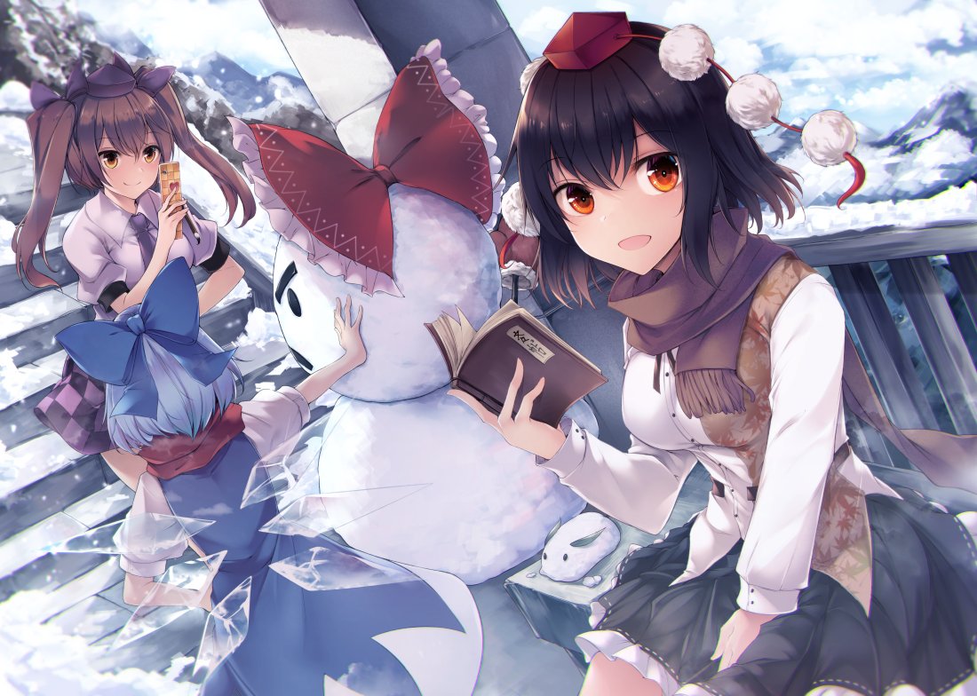 3girls black_neckwear black_skirt blue_bow blue_hair blush bow breasts brown_hair checkered checkered_skirt cirno dress eyebrows_visible_through_hair frilled_skirt frills hair_between_eyes hair_bow hat himekaidou_hatate ice ice_wings large_breasts leaf_print long_hair long_sleeves looking_at_viewer midori_(misuriru8) multiple_girls necktie notepad phone pinafore_dress pom_pom_(clothes) puffy_short_sleeves puffy_sleeves purple_skirt red_bow red_eyes red_scarf scarf shameimaru_aya shirt short_hair short_sleeves sitting skirt smile snow snow_bunny snowman stairs tokin_hat touhou two_side_up white_shirt wings yellow_eyes