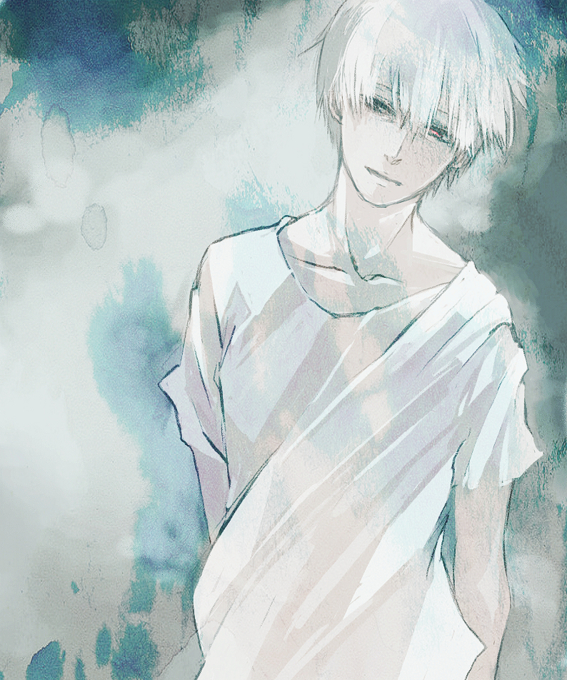 1boy bangs black_background blue_background closed_mouth collarbone commentary_request grey_background hair_between_eyes kaneki_ken koujima_shikasa looking_at_viewer male_focus multicolored multicolored_background shirt short_hair short_sleeves smile solo tokyo_ghoul upper_body white_hair white_shirt