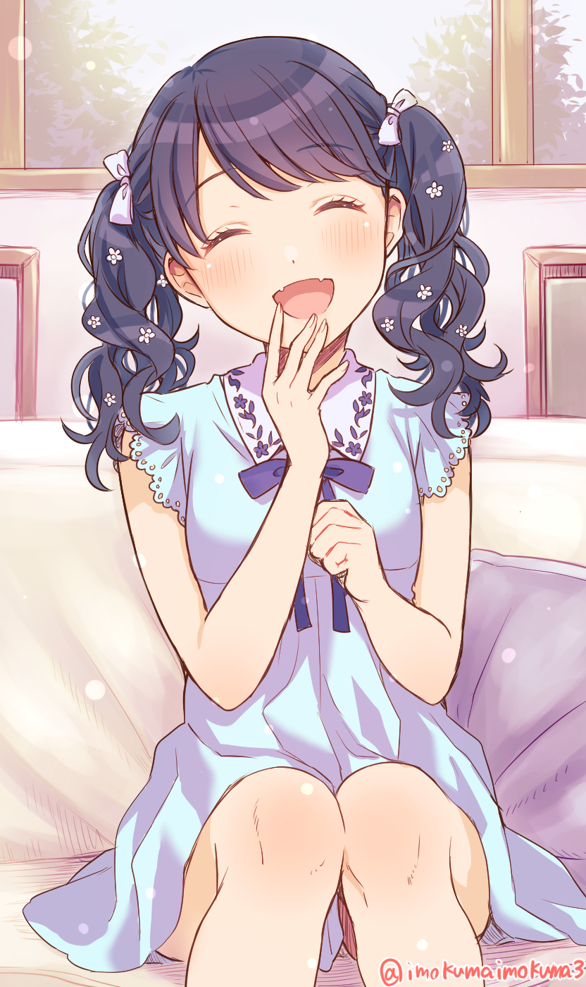 1girl artist_request bangs bare_arms black_hair blue_dress blue_ribbon blush closed_eyes commentary_request couch dress facing_viewer fangs flower fukumaru_koito hair_flower hair_ornament hair_ribbon highres idolmaster idolmaster_shiny_colors medium_hair neck_ribbon open_mouth ribbon short_dress sitting skin_fangs sleeveless sleeveless_dress solo swept_bangs twintails