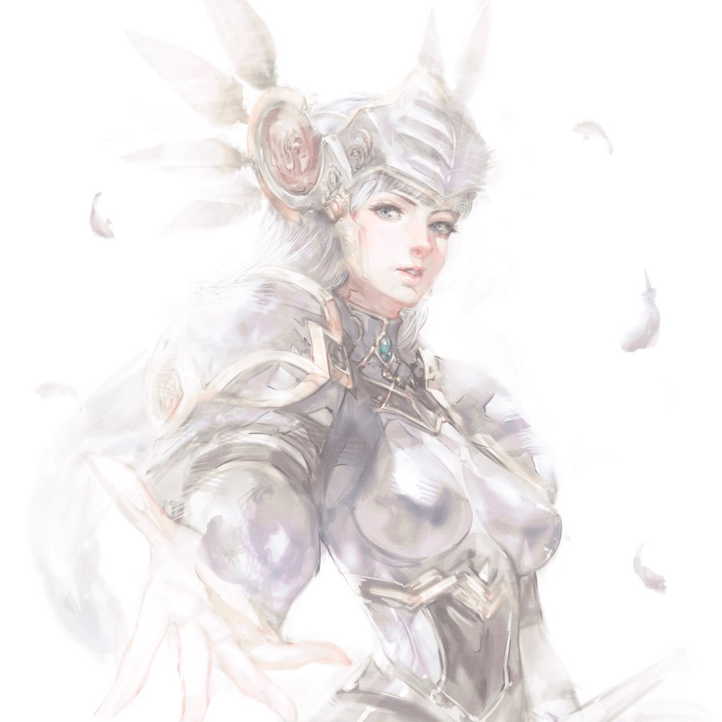 1girl armor armored_dress blue_armor breasts feathers helmet kazama_raita lenneth_valkyrie long_hair looking_at_viewer open_mouth silver_hair simple_background solo valkyrie valkyrie_profile very_long_hair white_background winged_helmet