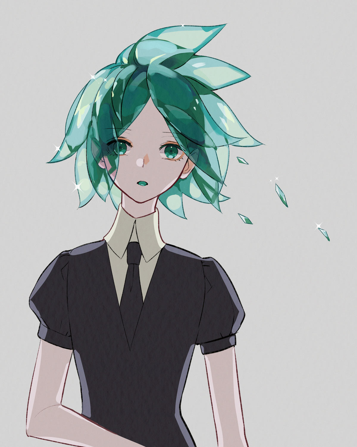 1other androgynous bangs commentary_request crystal_hair eyebrows_visible_through_hair gem_uniform_(houseki_no_kuni) green_eyes green_hair grey_background highres houseki_no_kuni kyarairo looking_at_viewer necktie open_mouth phosphophyllite shards short_hair short_sleeves simple_background solo