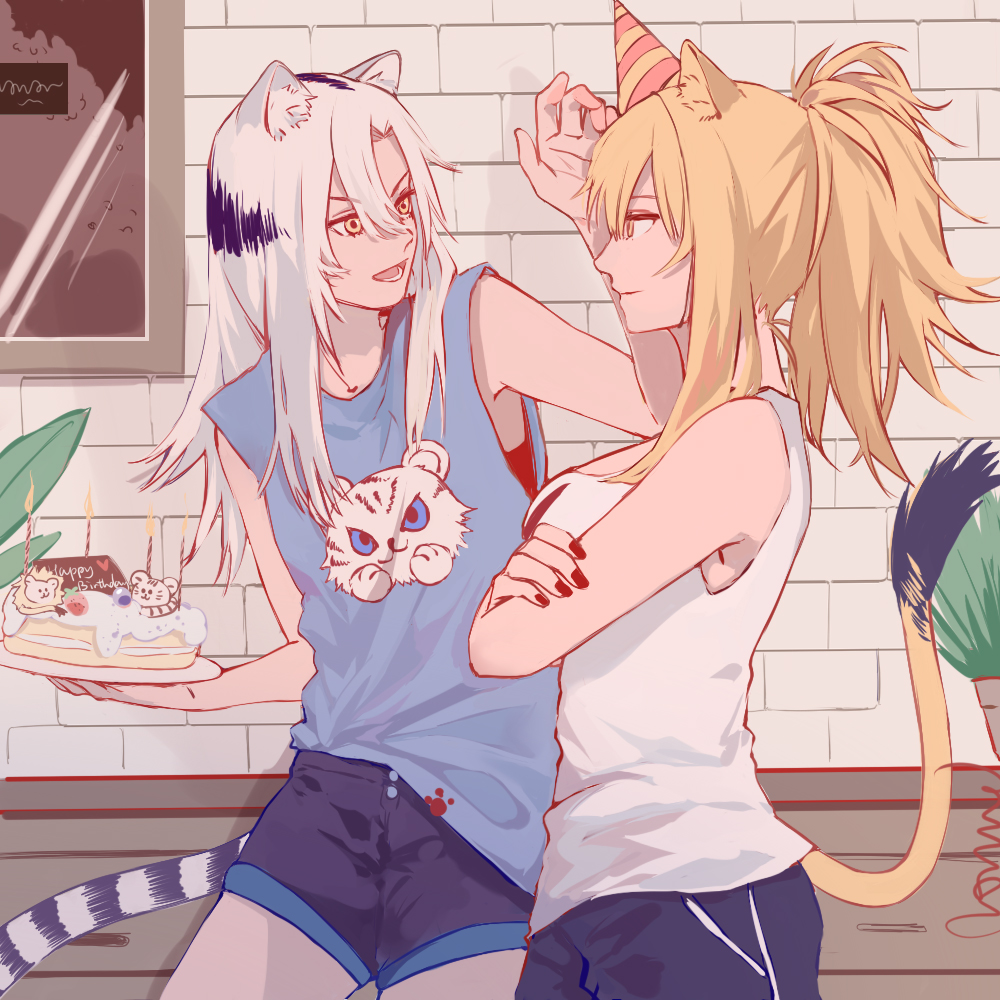 2girls animal_ears arknights bangs black_hair black_nails black_shorts blue_tank_top brick_wall brown_eyes brown_hair cake candle cowboy_shot fire flame food hair_between_eyes happy_birthday hat heart holding holding_plate indra_(arknights) lion_ears lion_girl lion_tail long_hair looking_at_another multicolored_hair multiple_girls party_hat plate ponytail red_headwear shadow shorts siege_(arknights) streaked_hair tail tank_top tiger_ears tiger_girl tiger_tail towne two-tone_hair v-shaped_eyebrows white_hair white_tank_top yellow_eyes