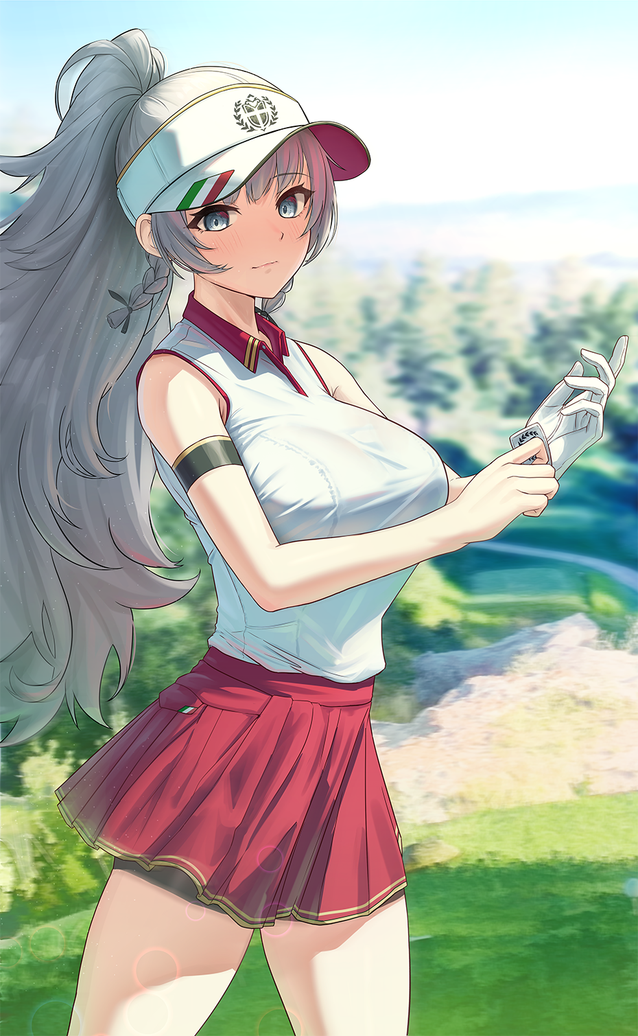 1girl armband azur_lane bike_shorts blue_eyes bra_through_clothes breasts closed_mouth commentary_request cowboy_shot grass grey_hair highres large_breasts long_hair miniskirt outdoors ponytail putting_on_gloves red_skirt shirt_tucked_in short_braid skirt sleeveless solar_(happymonk) solo tented_shirt very_long_hair visor_cap vittorio_veneto_(azur_lane)