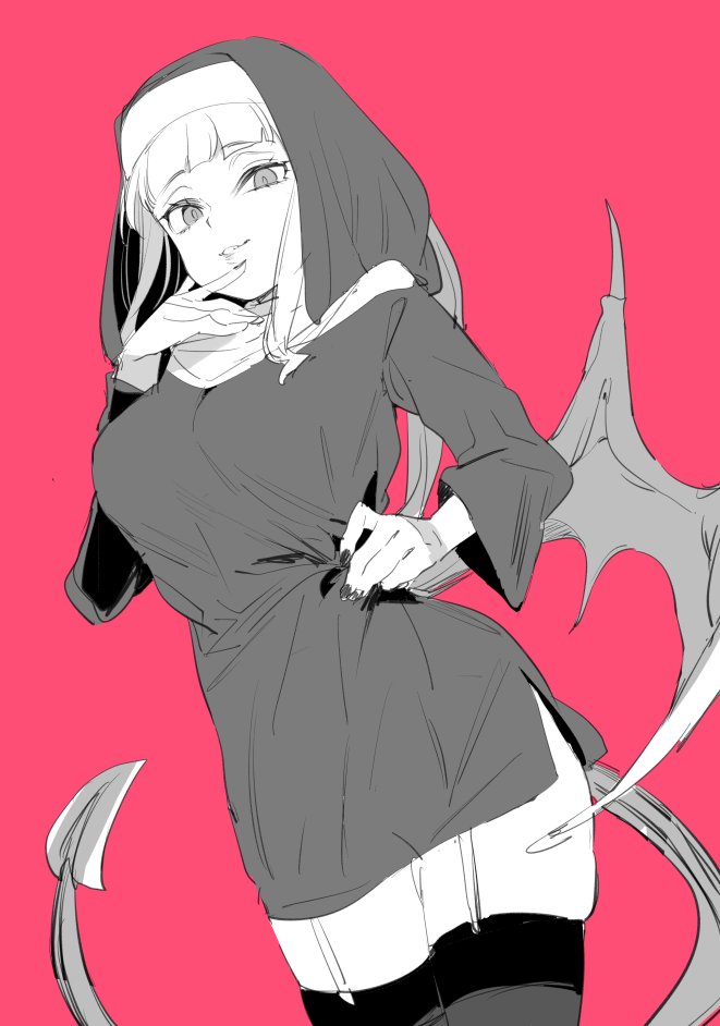 1girl atage copyright_request cowboy_shot demon_girl garter_straps habit hand_up hood hood_up long_sleeves looking_at_viewer nail_polish nun pajamas_challenge pink_background simple_background skindentation smile solo standing tail thigh-highs veil wings