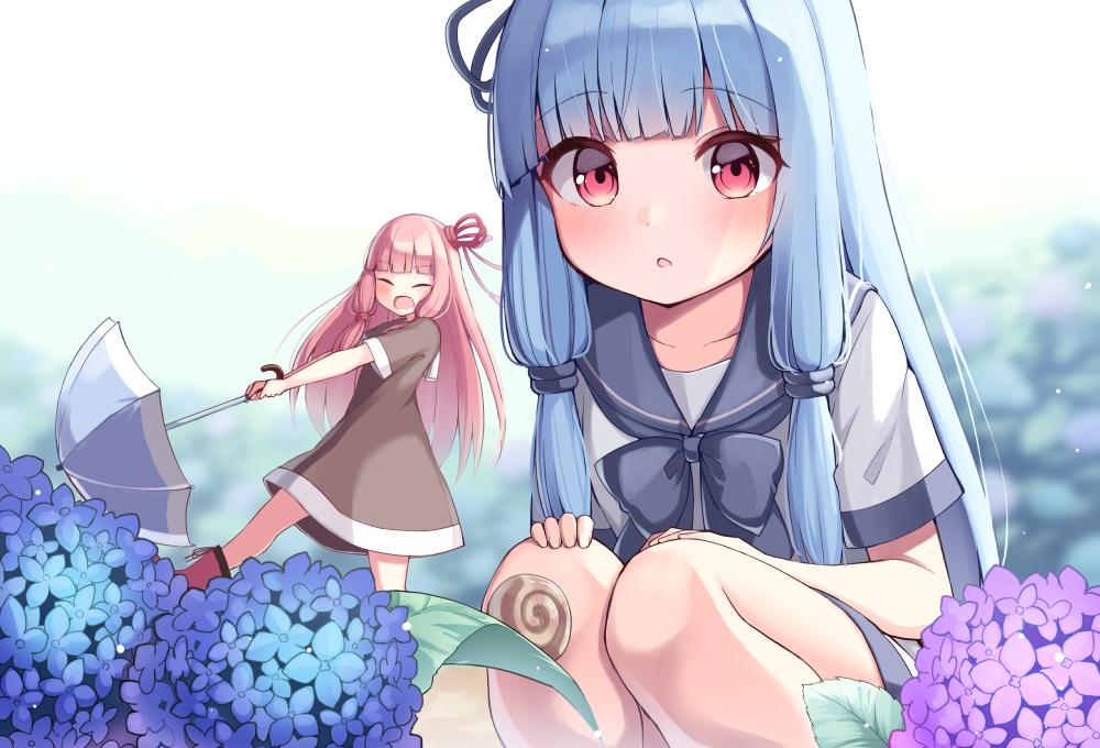 2girls :d :o bangs blue_hair blunt_bangs brown_dress closed_eyes commentary_request dress eyebrows_visible_through_hair flower flower_request hands_on_own_knees kotonoha_akane kotonoha_aoi long_hair multiple_girls ominaeshi_(takenoko) open_mouth outdoors pink_hair red_eyes sailor_collar short_sleeves smile snail squatting umbrella voiceroid