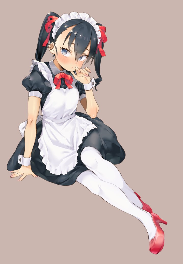 1girl apron atage black_dress black_hair blue_eyes blush copyright_request dress grey_background hair_between_eyes hair_ribbon hand_up high_heels invisible_chair looking_at_viewer maid_headdress parted_lips puffy_short_sleeves puffy_sleeves red_footwear red_ribbon ribbon shoes short_sleeves simple_background sitting solo twintails white_apron white_legwear wrist_cuffs