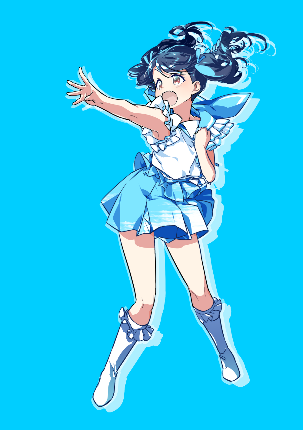 1girl bare_arms black_hair blouse blue_background blue_ribbon blue_sailor_collar blue_skirt boots brown_eyes commentary_request fang fukumaru_koito full_body hair_ribbon highres idolmaster idolmaster_shiny_colors knee_boots miniskirt open_mouth pleated_skirt reaching_out ribbon sailor_collar sailor_shirt shirt skin_fang skirt sleeveless_blouse solo susugi_(sg01) twintails white_footwear wind