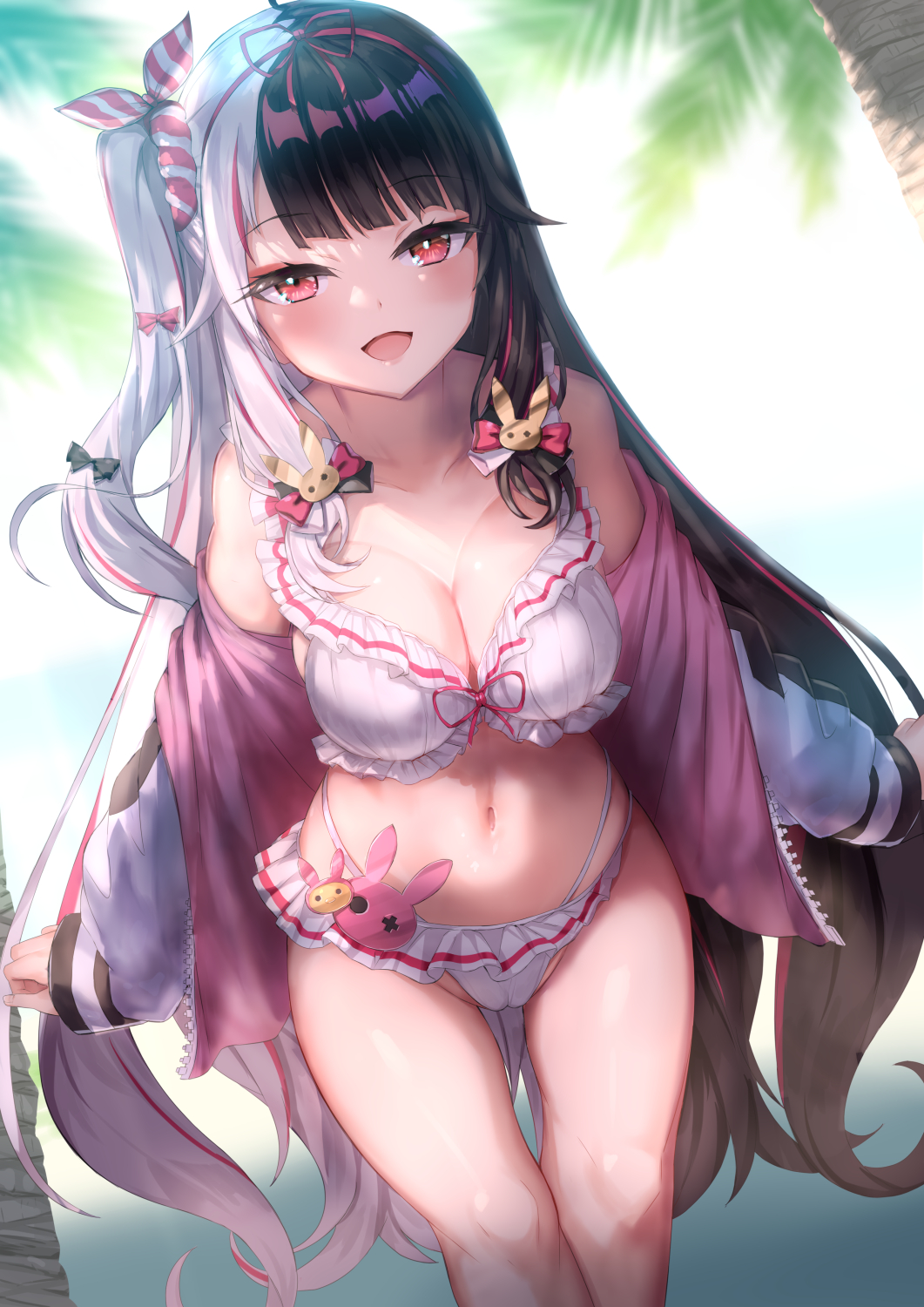 1girl bangs bikini black_hair blunt_bangs breasts bunny_hair_ornament commentary_request eyebrows_visible_through_hair hair_ornament hair_ribbon hairband highres long_hair long_sleeves looking_at_viewer medium_breasts multicolored_hair navel nijisanji open_mouth red_eyes red_hairband revision ribbon shiny shiny_hair side_ponytail sleeve_cuffs smile solo standing striped striped_ribbon swimsuit thighs tomaco two-tone_hair very_long_hair virtual_youtuber white_bikini white_hair yorumi_rena
