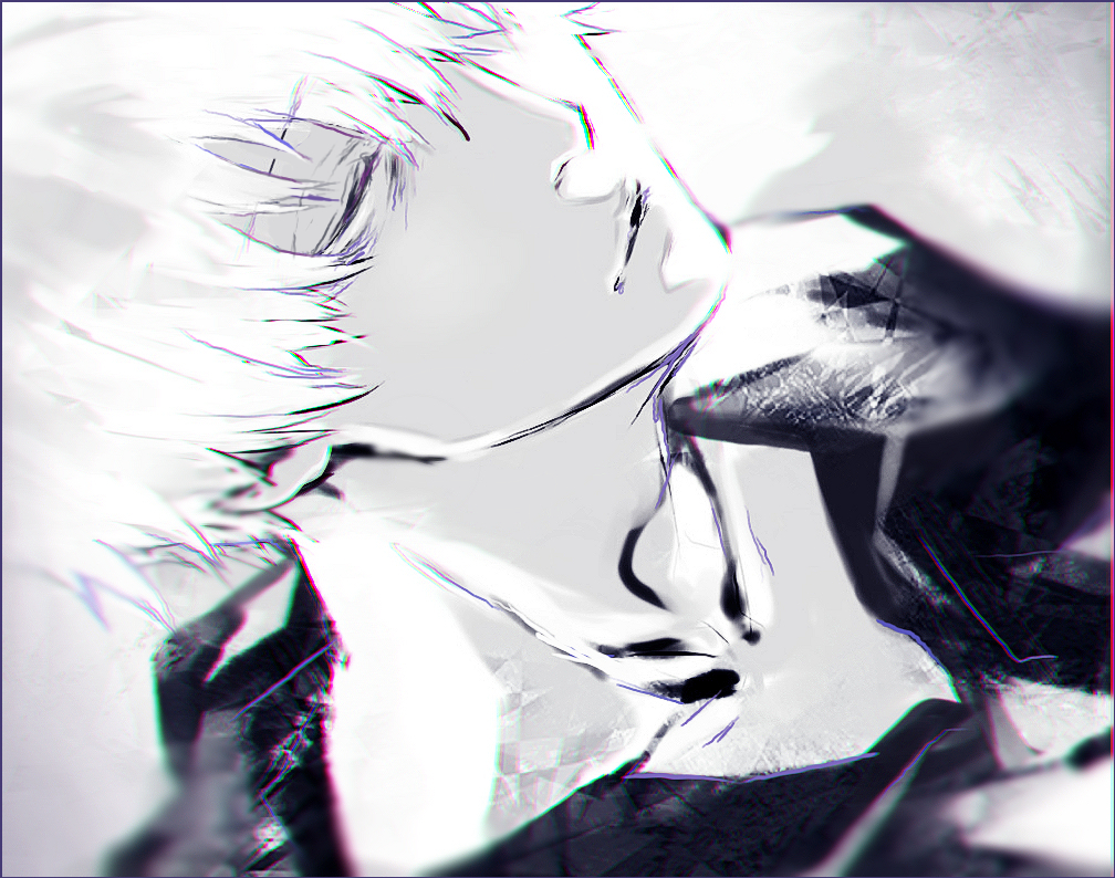 1boy bangs black_jacket blurry blurry_foreground close-up closed_eyes closed_mouth collarbone depth_of_field face facing_viewer gradient gradient_background grey_background hair_over_one_eye jacket kaneki_ken koujima_shikasa male_focus short_hair simple_background solo symbol-only_commentary tokyo_ghoul upper_body white_background white_hair