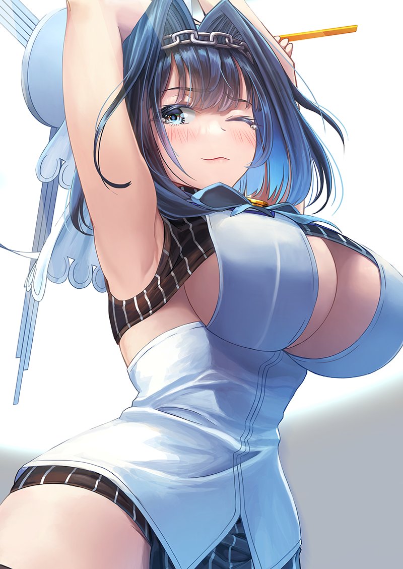 1girl armpits arms_up bangs blue_eyes blue_hair blush bow bowtie breasts cleavage_cutout clock_hands closed_mouth clothing_cutout head_chain hololive hololive_english large_breasts mechanical_halo one_eye_closed ouro_kronii solo tears veil windfeathers
