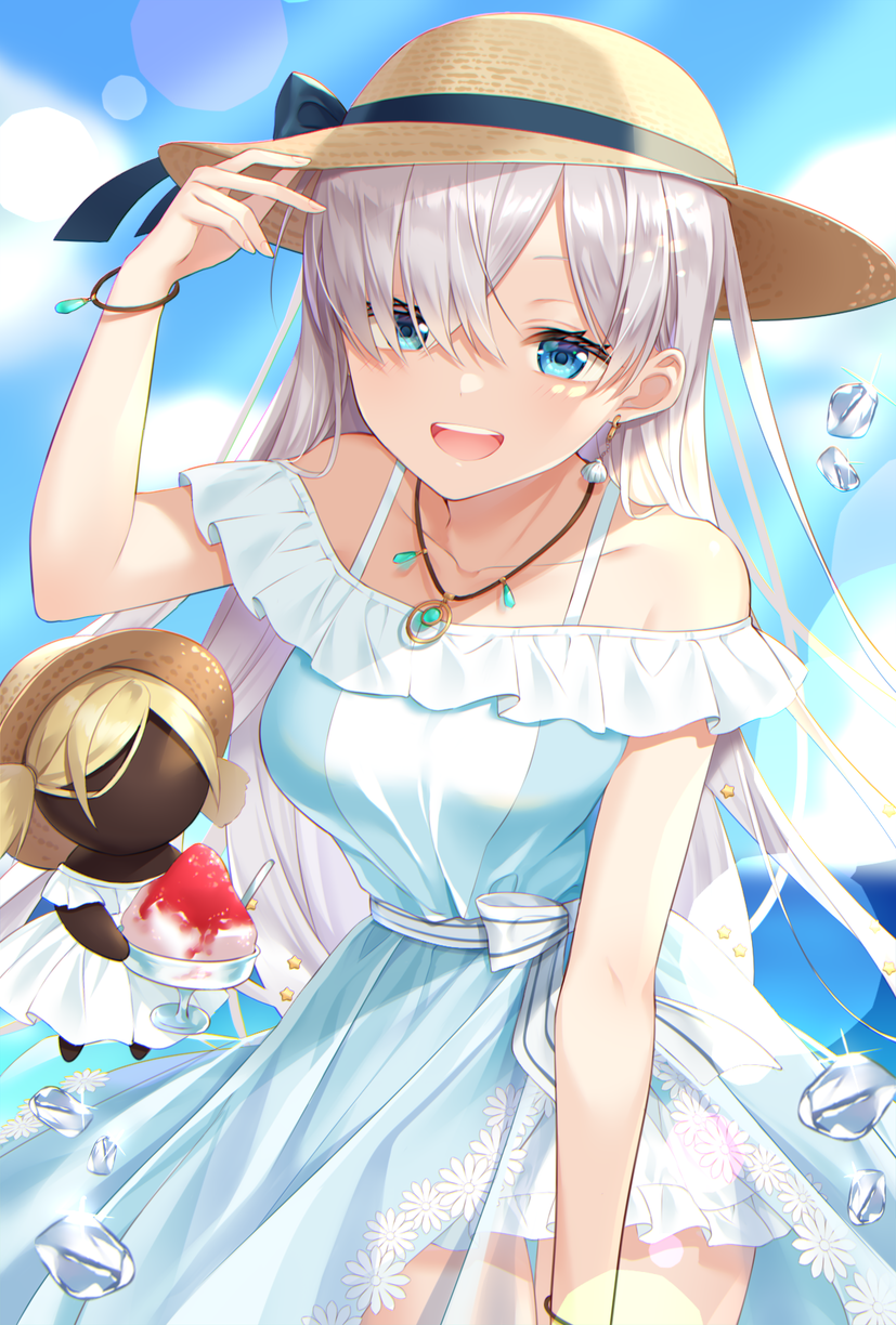 1girl anastasia_(fate) anastasia_(swimsuit_archer)_(fate) bangs bare_shoulders beach blue_dress blue_eyes blue_sky blush bracelet breasts collarbone doll dress earrings fate/grand_order fate_(series) hair_over_one_eye hat highres jewelry large_breasts long_hair looking_at_viewer necklace open_mouth pendant shaved_ice shino_skk silver_hair sky smile straw_hat very_long_hair viy_(fate)