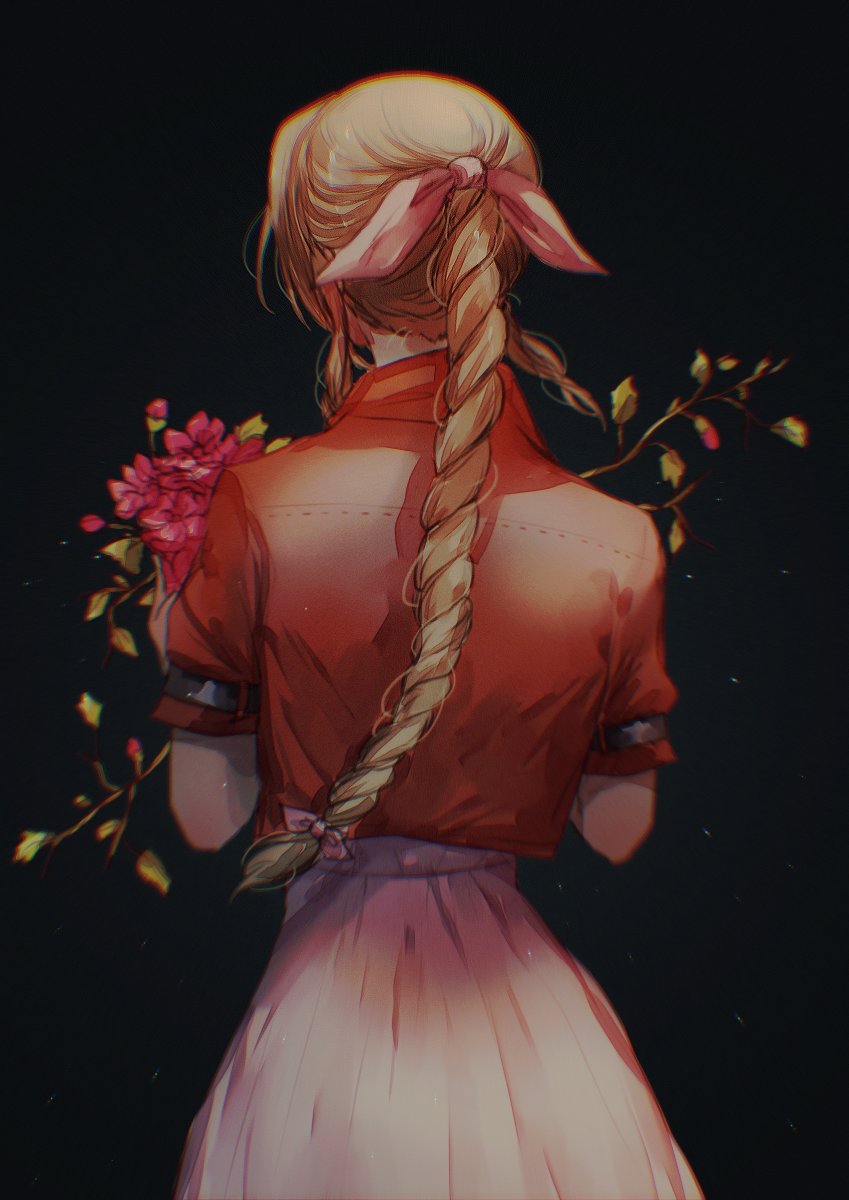 1girl aerith_gainsborough black_background bouquet brown_hair facing_away female final_fantasy final_fantasy_vii flower from_behind gradient gradient_background hair_ribbon highres holding holding_bouquet holding_flower jacket long_hair pink_ribbon red_flower red_jacket ribbon sera_(serappi) short_sleeves solo