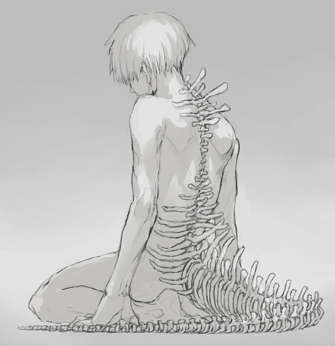 1boy bangs barefoot bone commentary_request completely_nude from_behind gradient gradient_background grey_background greyscale kaneki_ken koujima_shikasa monochrome nude short_hair sitting solo spine tokyo_ghoul wariza