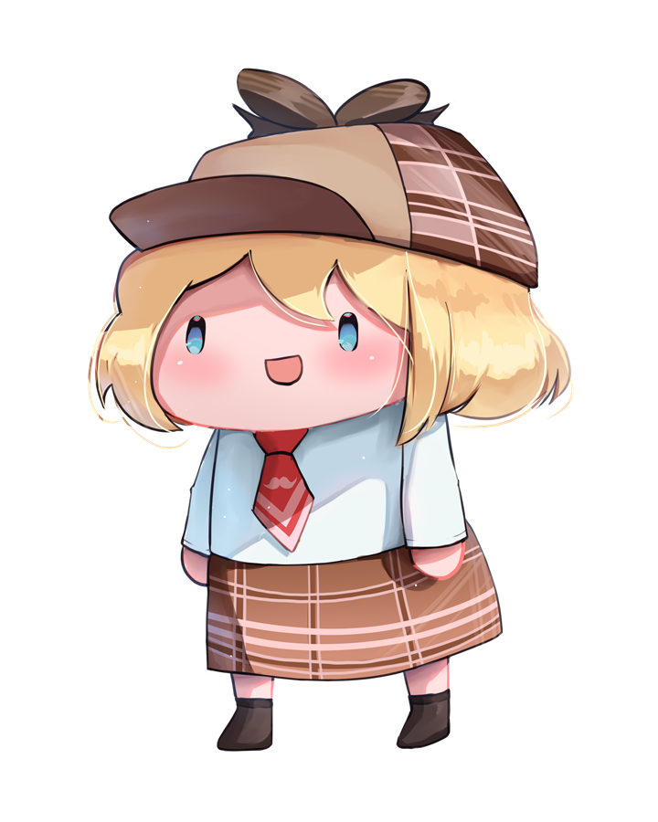 1girl :d bangs black_footwear blonde_hair blue_eyes brown_headwear brown_skirt checkered checkered_skirt chibi commentary deerstalker detective english_commentary fian_f.n hat hololive hololive_english long_sleeves necktie open_mouth red_neckwear shirt skirt smile solo transparent_background virtual_youtuber watson_amelia white_shirt