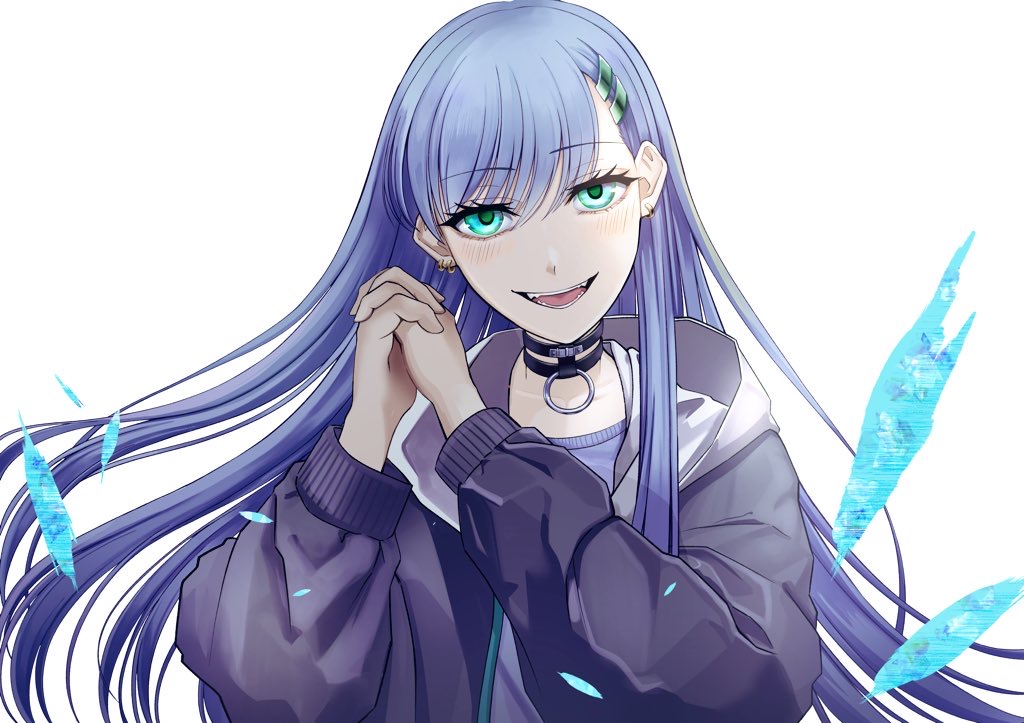1girl aqua_eyes black_choker blue_hair blush choker ear_piercing earrings eyebrows_visible_through_hair hair_ornament hairclip hand_on_hand jacket jewelry long_hair looking_at_viewer open_clothes open_jacket open_mouth original piercing purple_jacket smile solo sorayan_03 white_background