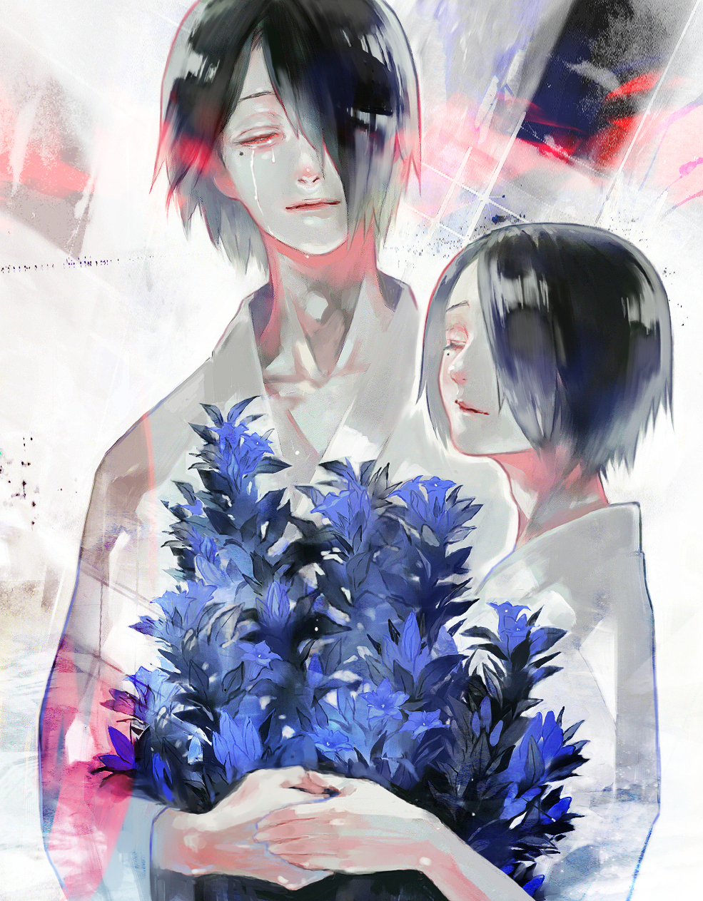 2boys bangs black_background black_hair blue_flower bouquet closed_eyes closed_mouth collarbone dual_persona facing_viewer flower furuta_nimura grey_background hair_over_one_eye highres holding holding_bouquet holding_hands koujima_shikasa multiple_boys red_background shiny shiny_hair short_hair symbol-only_commentary tokyo_ghoul tokyo_ghoul:re upper_body white_robe younger