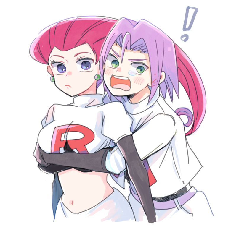 1boy 1girl atsumi_yoshioka blue_eyes blush closed_eyes hug hug_from_behind james_(pokemon) jessie_(pokemon) open_mouth pokemon pokemon_(anime) purple_hair redhead scared tears