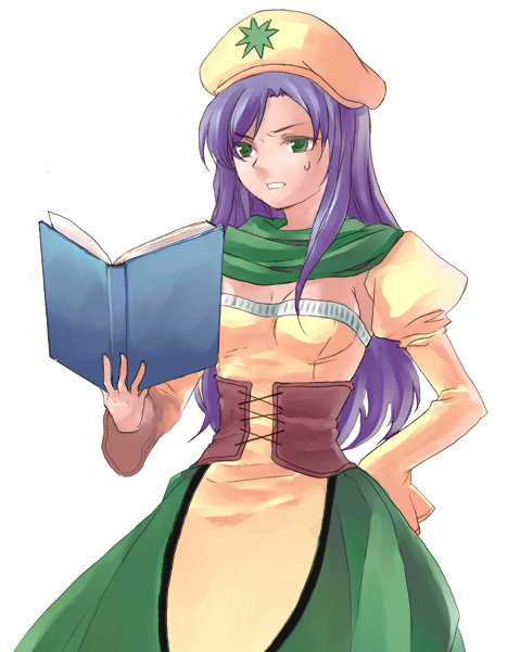 1girl atelier_(series) blue_hair book chemist_(final_fantasy) commentary faris_scherwiz final_fantasy final_fantasy_v green_eyes hand_on_hip hat holding holding_book long_hair open_mouth parody purple_hair reading simple_background solo sweatdrop udon_(memai_no_kabe) white_background