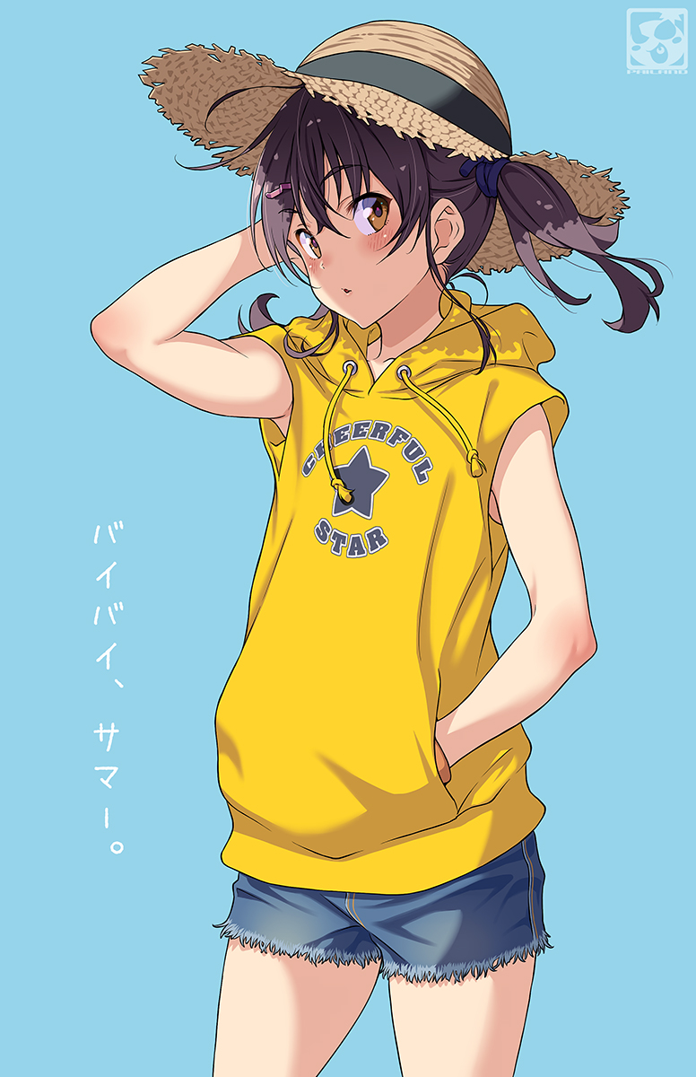 1girl arm_up artist_logo artist_name bare_arms black_hair blue_background blue_shorts blush brown_eyes brown_headwear casual clothes_writing cowboy_shot cutoffs drawstring hair_ornament hairclip hand_in_hair hand_in_pocket hat highres hood hood_down hoodie long_hair looking_at_viewer original pairan parted_lips short_shorts short_twintails shorts simple_background sleeveless sleeveless_hoodie star_(symbol) straw_hat translation_request twintails yellow_hoodie