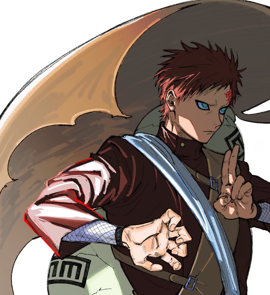 1boy eyeshadow facial_mark facial_tattoo gaara_(naruto) gourd hand_gesture looking_to_the_side makeup male_focus naruto_(series) naruto_shippuuden redhead sand shaded_face short_hair solo spiky_hair tattoo umkaqryi upper_body white_background